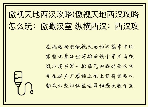 傲视天地西汉攻略(傲视天地西汉攻略怎么玩：傲瞰汉室 纵横西汉：西汉攻略全境制霸)